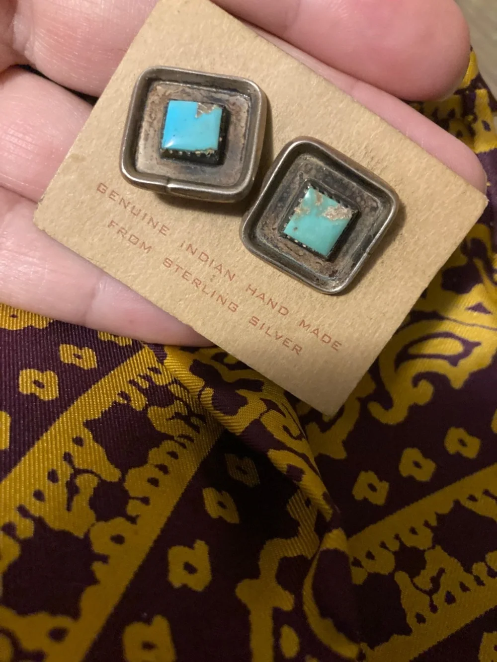 Vintage Sterling Silver Turquoise Cufflinks – Original “Indian Handmade” Tag